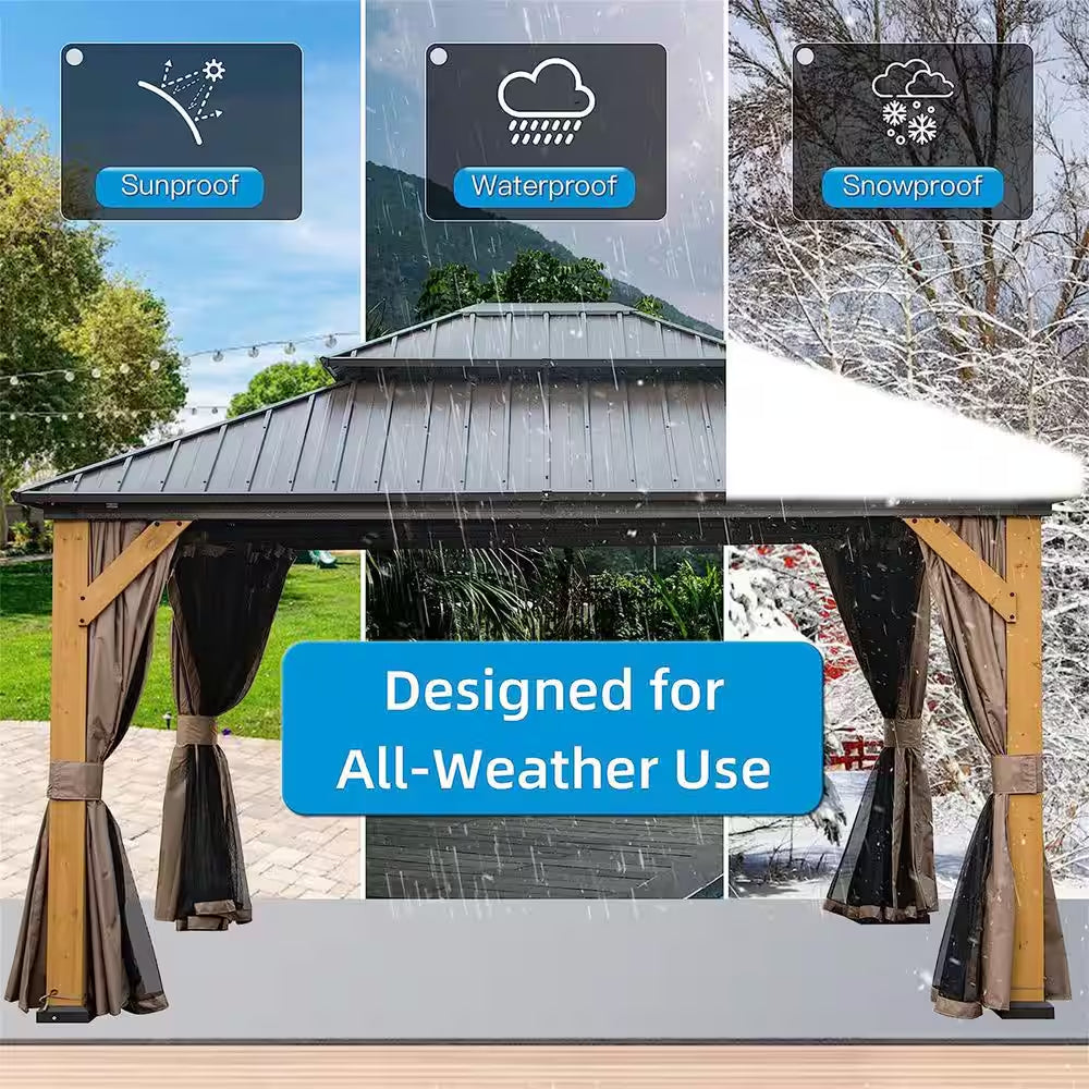 12 Ft. X 14 Ft. Outdoor Cedar Wood Frame Hardtop Gazebo with Galvanized Steel Double Roof, Curtains and Netting