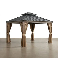 Outdoor Gazebo Built for Year-Round Use, 12x14 Aluminum Frame, Double Steel Roof, Privacy Curtains