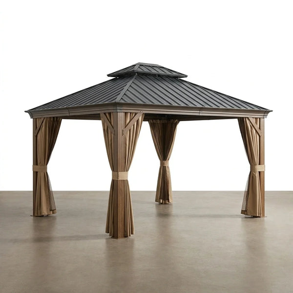 Outdoor Gazebo Built for Year-Round Use, 12x14 Aluminum Frame, Double Steel Roof, Privacy Curtains