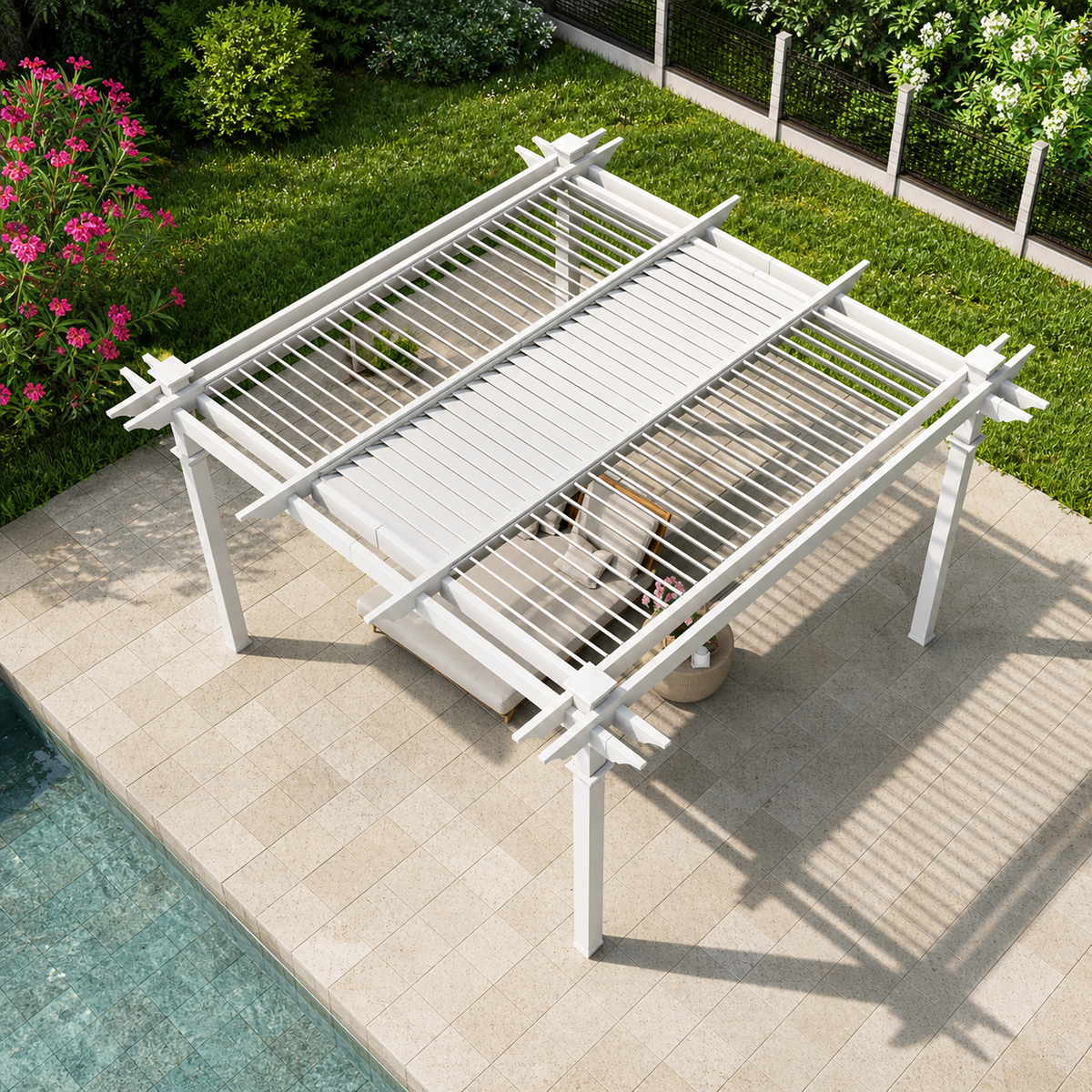 144"L X 144"W X 104"H Vinyl Camelot Louvered Pergola, White, VA42070 — product view 2