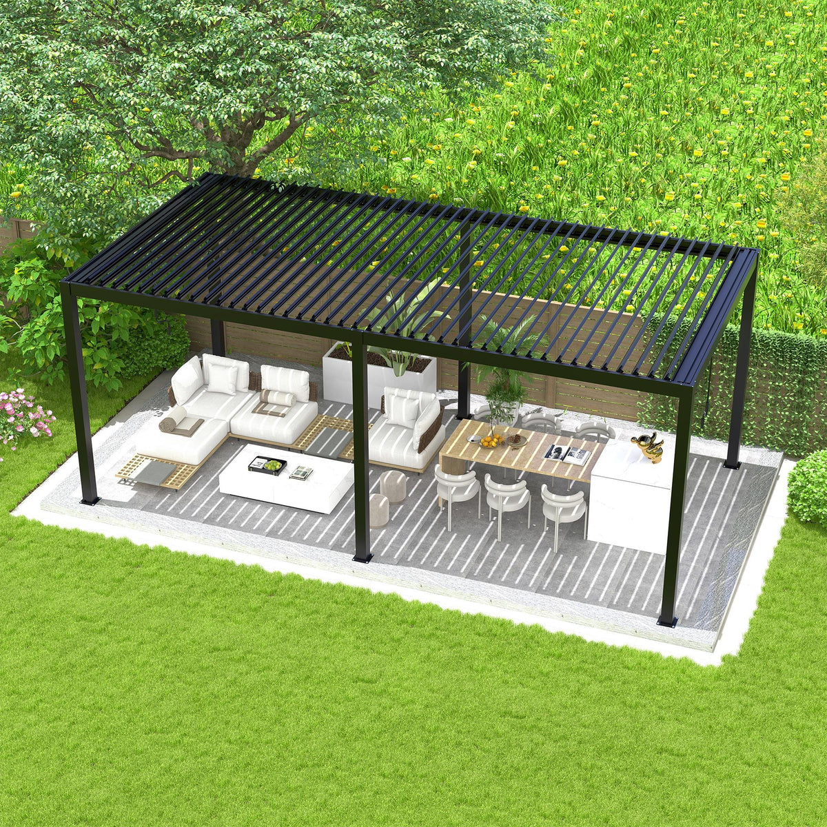 10 x 19 Ft Louvered Pergola with Aluminum Frame and Adjustable Louvers, Black