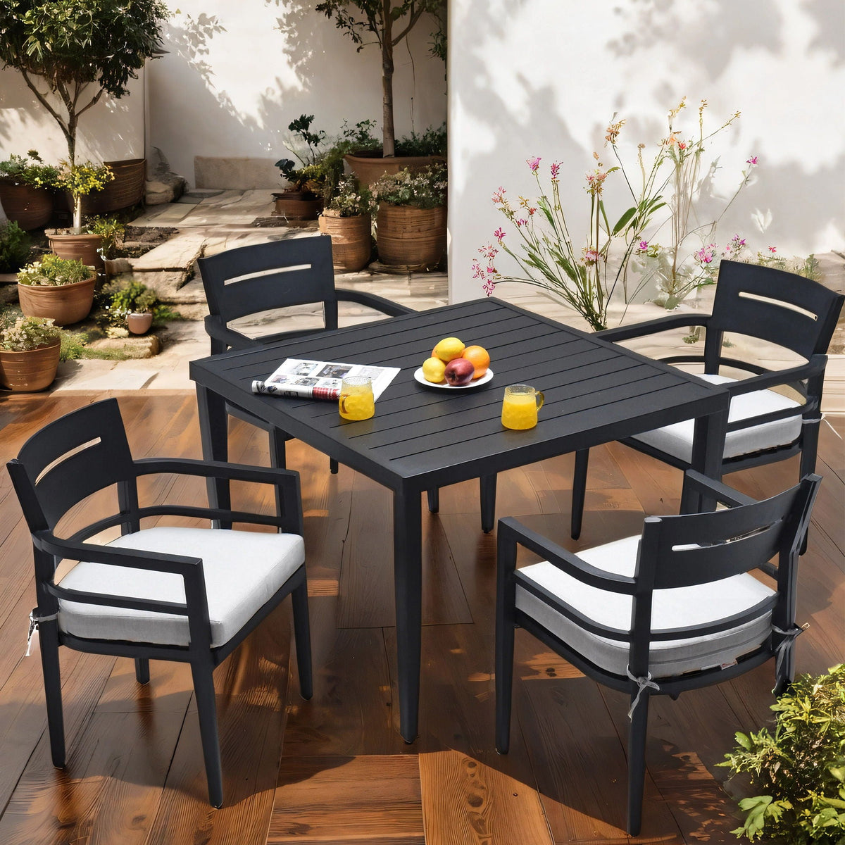 Outdoor Modern Dining Set, Chairs Sunbrella Cushioned And Dining Table With Umbrella Hole