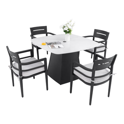 Outdoor Patio Dining Set, Squircle Dining Table, Dining Chairs With Sunbrella Cushions