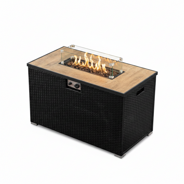 43 Inch Fire Pit Table, 50,000 BTU Propane with Lid, Rain Cover and Lava Rocks, Black
