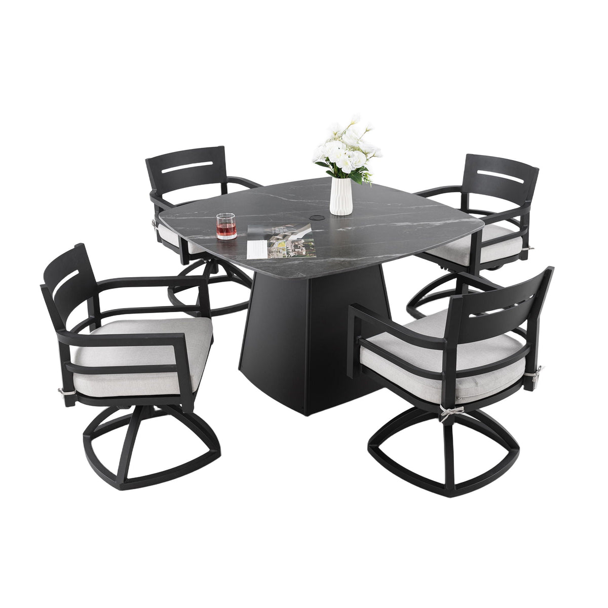 Outdoor Patio Dining Set, Squircle Dining Table, Dining Chairs With Sunbrella Cushions