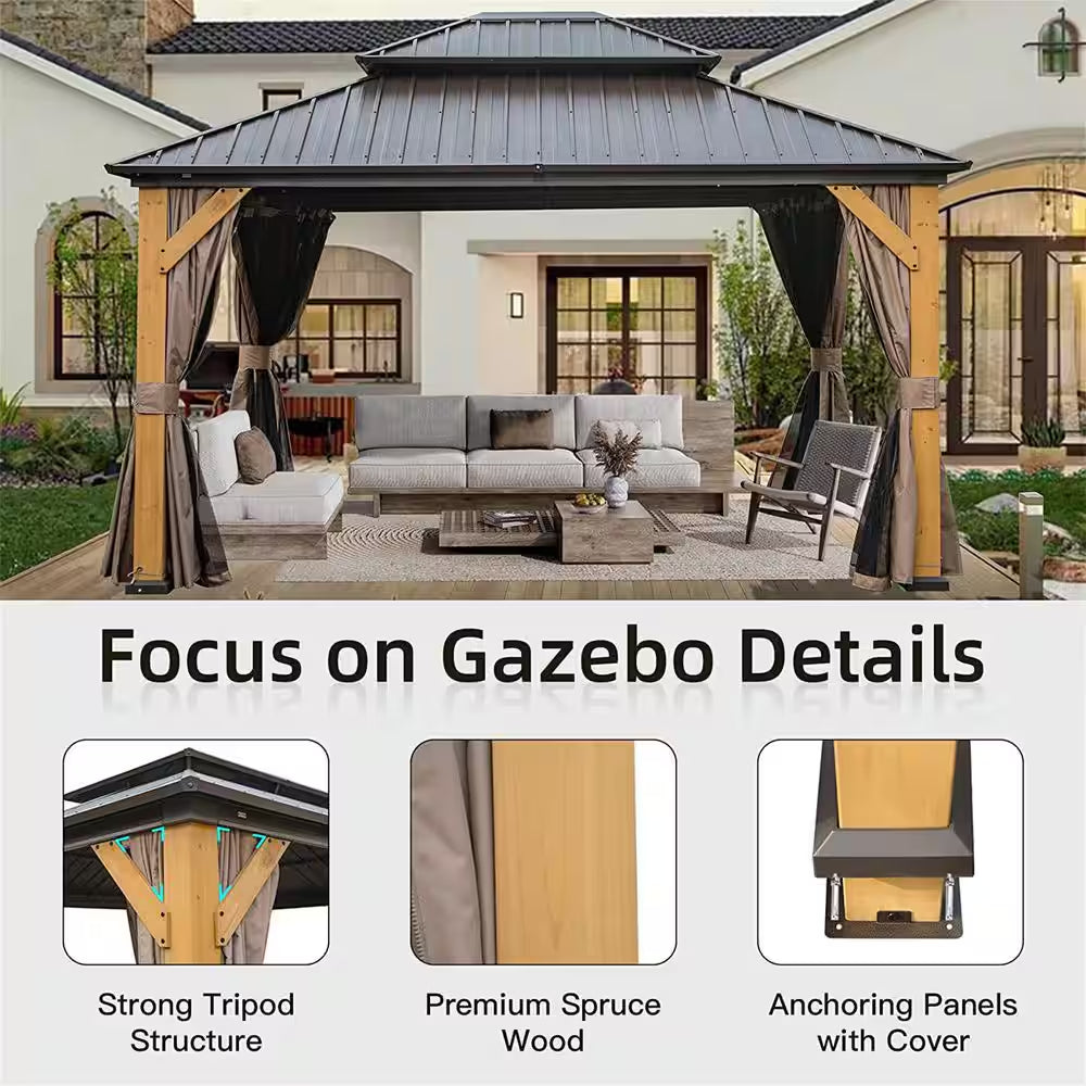 12 Ft. X 14 Ft. Outdoor Cedar Wood Frame Hardtop Gazebo with Galvanized Steel Double Roof, Curtains and Netting