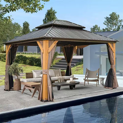 12 Ft. X 14 Ft. Outdoor Cedar Wood Frame Hardtop Gazebo with Galvanized Steel Double Roof, Curtains and Netting