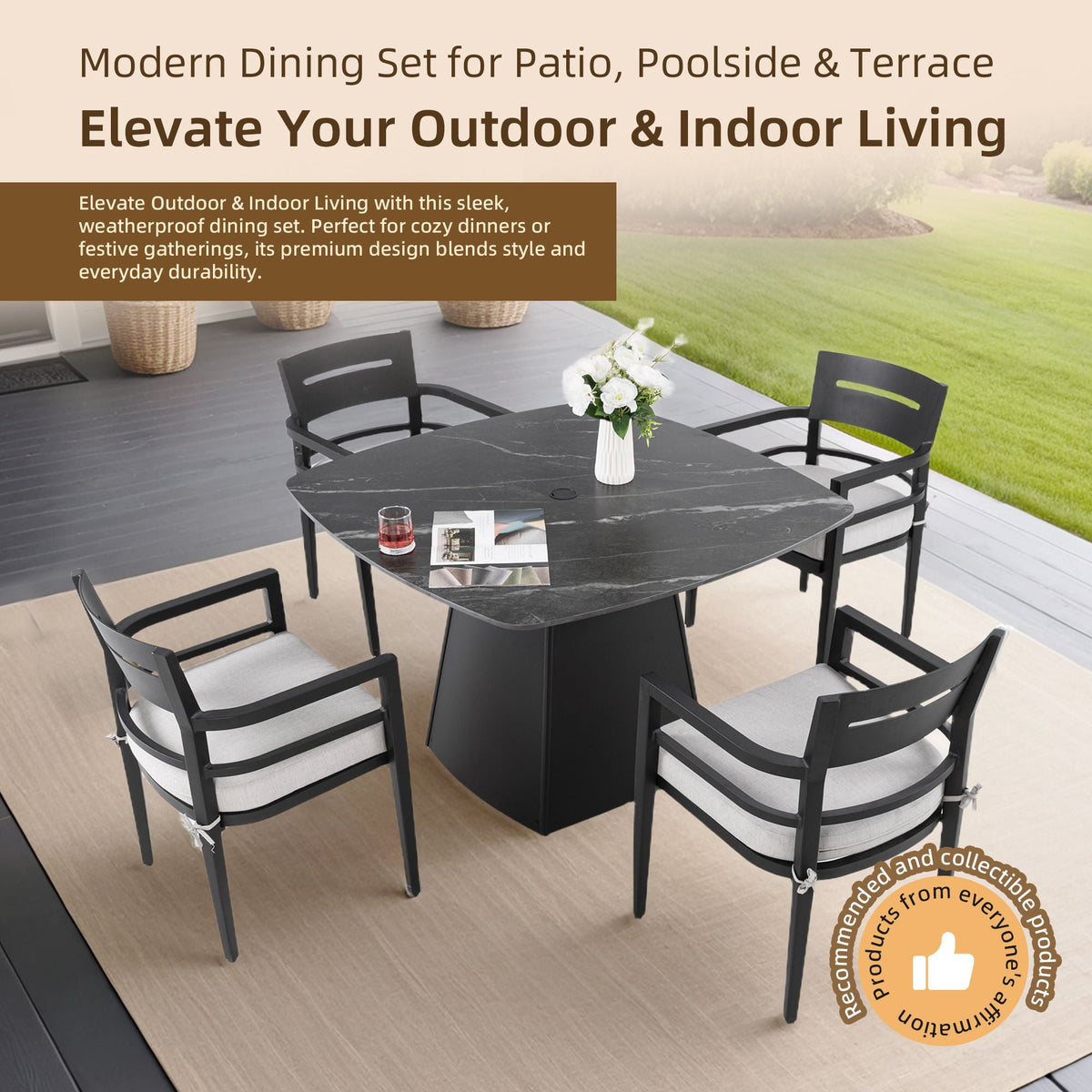 Outdoor Patio Dining Set, Squircle Dining Table, Dining Chairs With Sunbrella Cushions