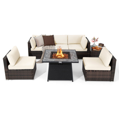 7 Pieces Patio Furniture Set with 35 Inch 50000 BTU Propane Gas Fire Pit Table and Waterproof Cover