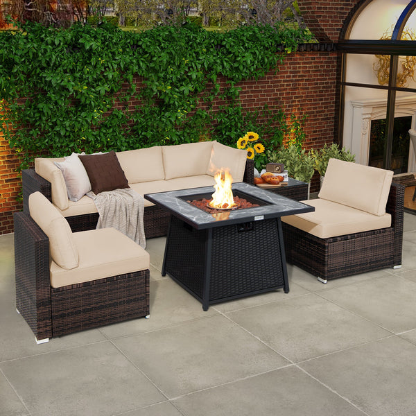 7 Pieces Patio Furniture Set with 35 Inch 50000 BTU Propane Gas Fire Pit Table and Waterproof Cover
