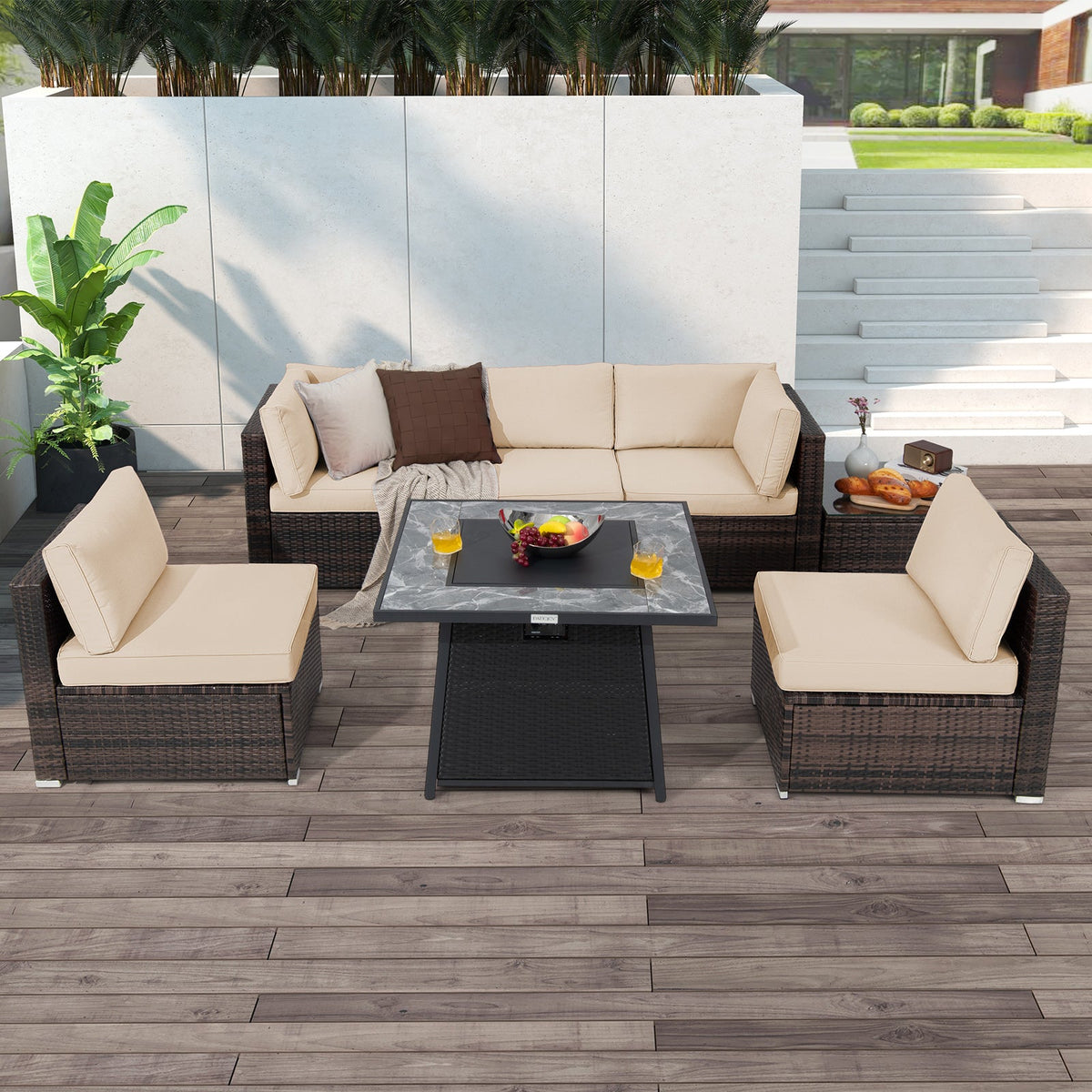 7 Pieces Patio Furniture Set with 35 Inch 50000 BTU Propane Gas Fire Pit Table and Waterproof Cover