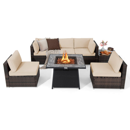 7 Pieces Patio Furniture Set with 35 Inch 50000 BTU Propane Gas Fire Pit Table and Waterproof Cover