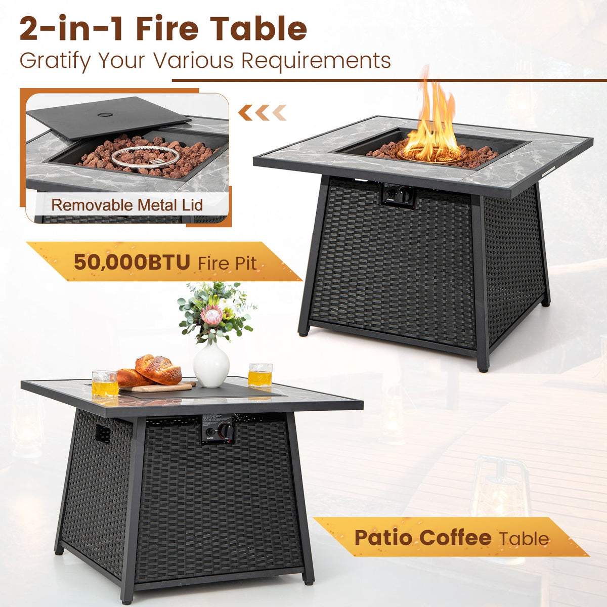 7 Pieces Patio Furniture Set with 35 Inch 50000 BTU Propane Gas Fire Pit Table and Waterproof Cover