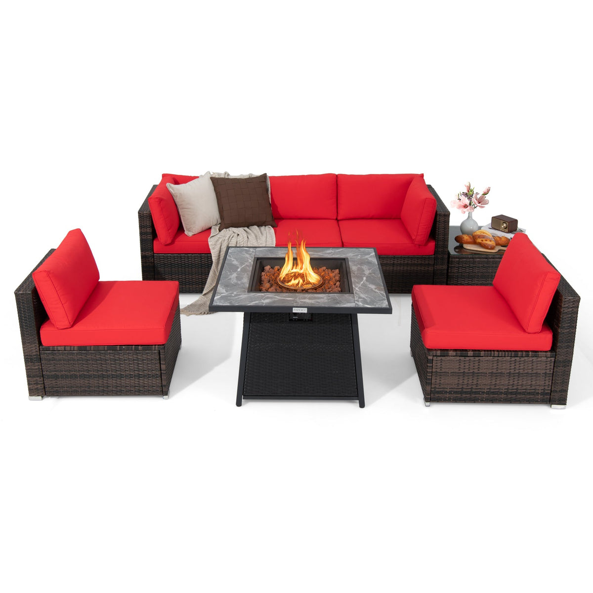 7 Pieces Patio Furniture Set with 35 Inch 50000 BTU Propane Gas Fire Pit Table and Waterproof Cover