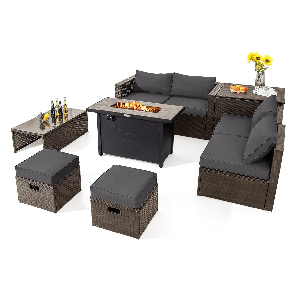 9 Pieces Outdoor Patio Furniture Set with 42 Inch Propane Fire Pit Table