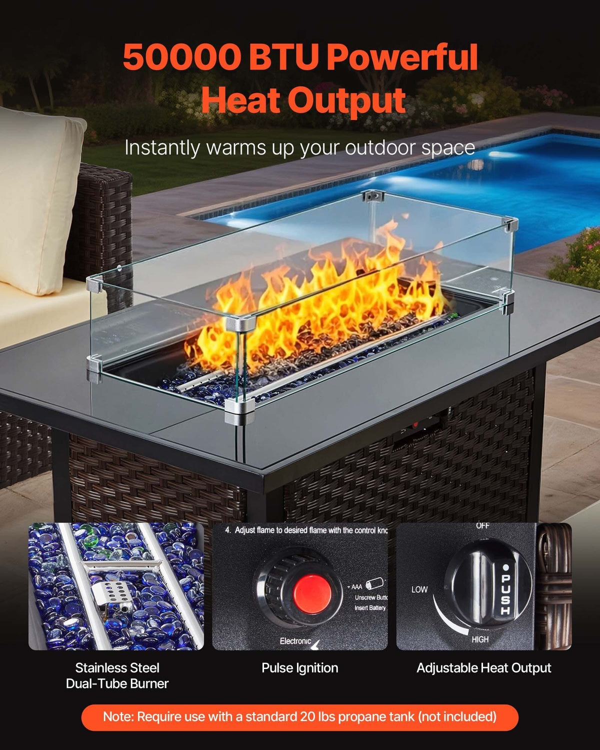 6-Piece Wicker Rattan Outdoor Sectional Set with 50,000 BTU Propane Fire Pit Table