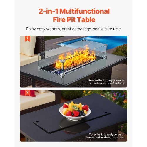 6-Piece Wicker Rattan Outdoor Sectional Set with 50,000 BTU Propane Fire Pit Table