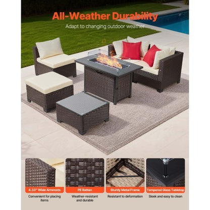 6-Piece Wicker Rattan Outdoor Sectional Set with 50,000 BTU Propane Fire Pit Table