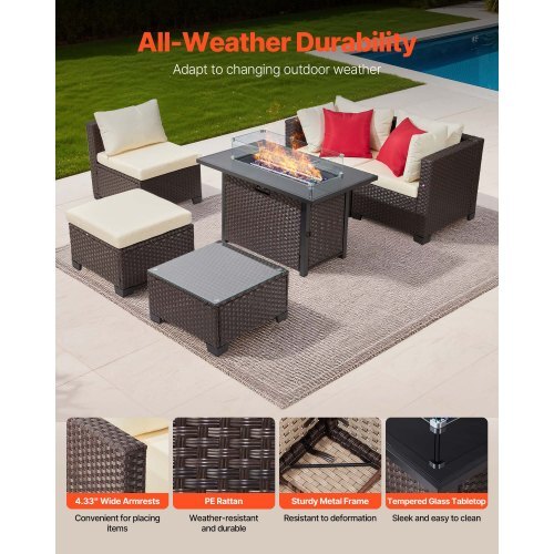 6-Piece Wicker Rattan Outdoor Sectional Set with 50,000 BTU Propane Fire Pit Table