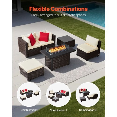 6-Piece Wicker Rattan Outdoor Sectional Set with 50,000 BTU Propane Fire Pit Table