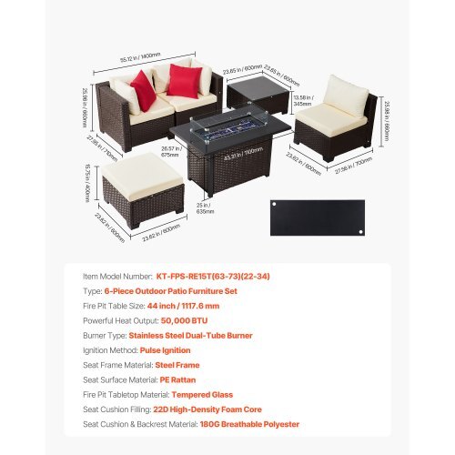 6-Piece Wicker Rattan Outdoor Sectional Set with 50,000 BTU Propane Fire Pit Table