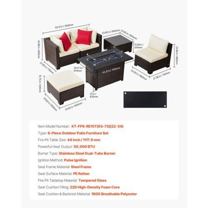 6-Piece Wicker Rattan Outdoor Sectional Set with 50,000 BTU Propane Fire Pit Table