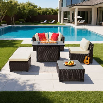 6-Piece Wicker Rattan Outdoor Sectional Set with 50,000 BTU Propane Fire Pit Table