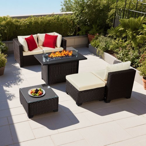 6-Piece Wicker Rattan Outdoor Sectional Set with 50,000 BTU Propane Fire Pit Table