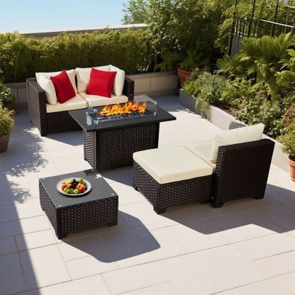 6-Piece Wicker Rattan Outdoor Sectional Set with 50,000 BTU Propane Fire Pit Table