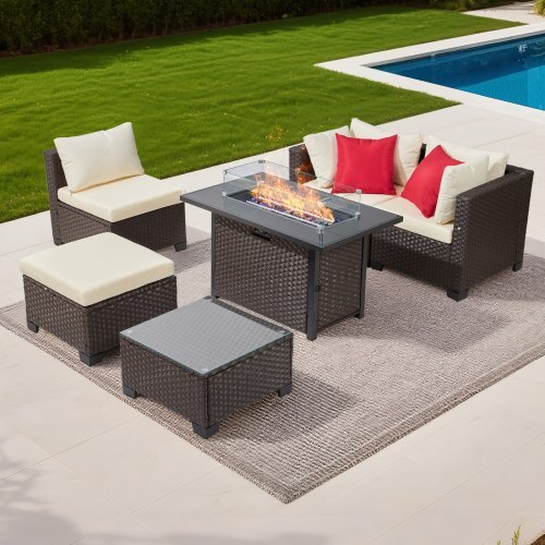 6-Piece Wicker Rattan Outdoor Sectional Set with 50,000 BTU Propane Fire Pit Table