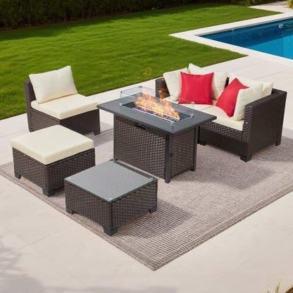 6-Piece Wicker Rattan Outdoor Sectional Set with 50,000 BTU Propane Fire Pit Table