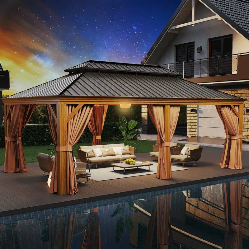 20 x 12 Ft Hardtop Gazebo with Wood-Grain Aluminum Frame, Steel Roof, Curtains and Netting