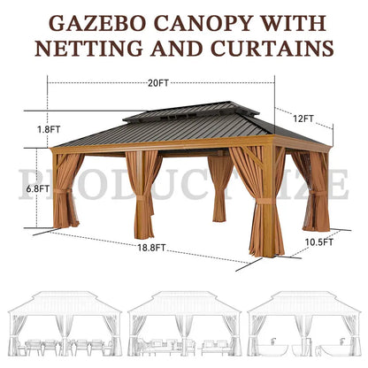 20 x 12 Ft Hardtop Gazebo with Wood-Grain Aluminum Frame, Steel Roof, Curtains and Netting