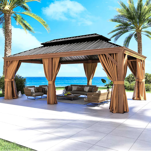 20 x 12 Ft Hardtop Gazebo with Wood-Grain Aluminum Frame, Steel Roof, Curtains and Netting