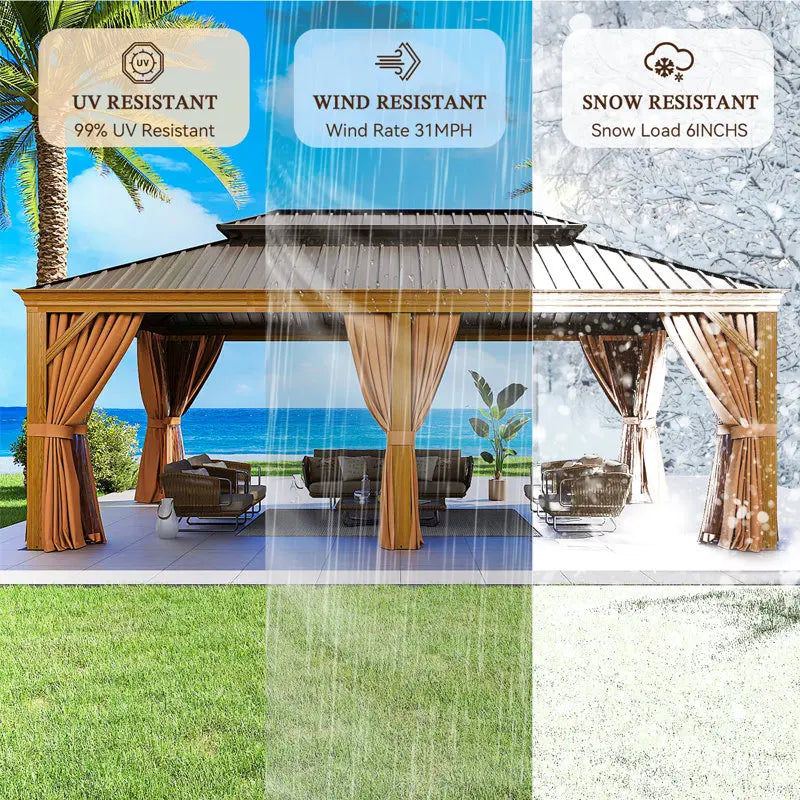 20 x 12 Ft Hardtop Gazebo with Wood-Grain Aluminum Frame, Steel Roof, Curtains and Netting