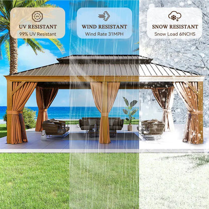 20 x 12 Ft Hardtop Gazebo with Wood-Grain Aluminum Frame, Steel Roof, Curtains and Netting
