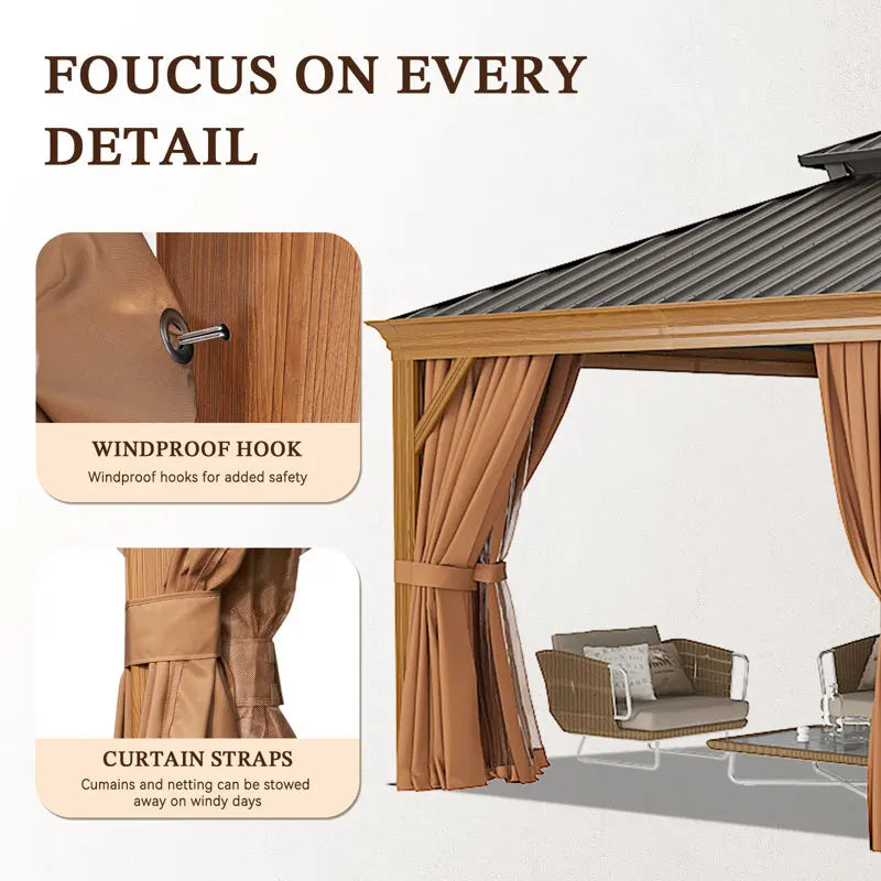 20 x 12 Ft Hardtop Gazebo with Wood-Grain Aluminum Frame, Steel Roof, Curtains and Netting