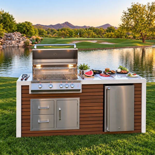 KoKoMo Outdoor Kitchen Island with Waterfall Edge – 32” Built-In Grill