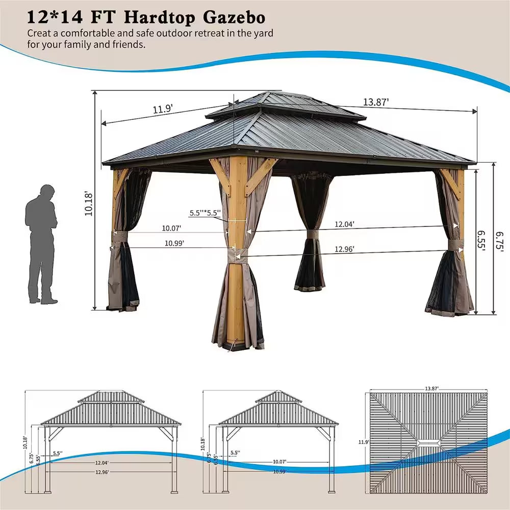12 Ft. X 14 Ft. Outdoor Cedar Wood Frame Hardtop Gazebo with Galvanized Steel Double Roof, Curtains and Netting