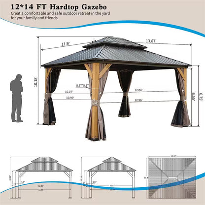 12 Ft. X 14 Ft. Outdoor Cedar Wood Frame Hardtop Gazebo with Galvanized Steel Double Roof, Curtains and Netting