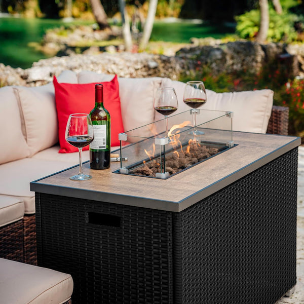 43 Inch Fire Pit for Outdoor - 50,000 BTU Outdoor Propane Fire Pit Table with Lid, Rain Cover & Lava Rocks - Patio Fire Pit Table with Tempered Glass for Backyard Gatherings - Black