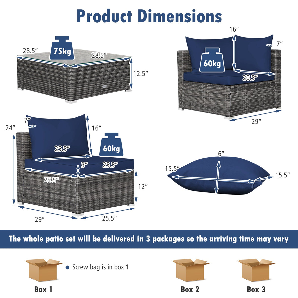 7 Pieces Patio Rattan Furniture Set Sectional Sofa Garden Cushion