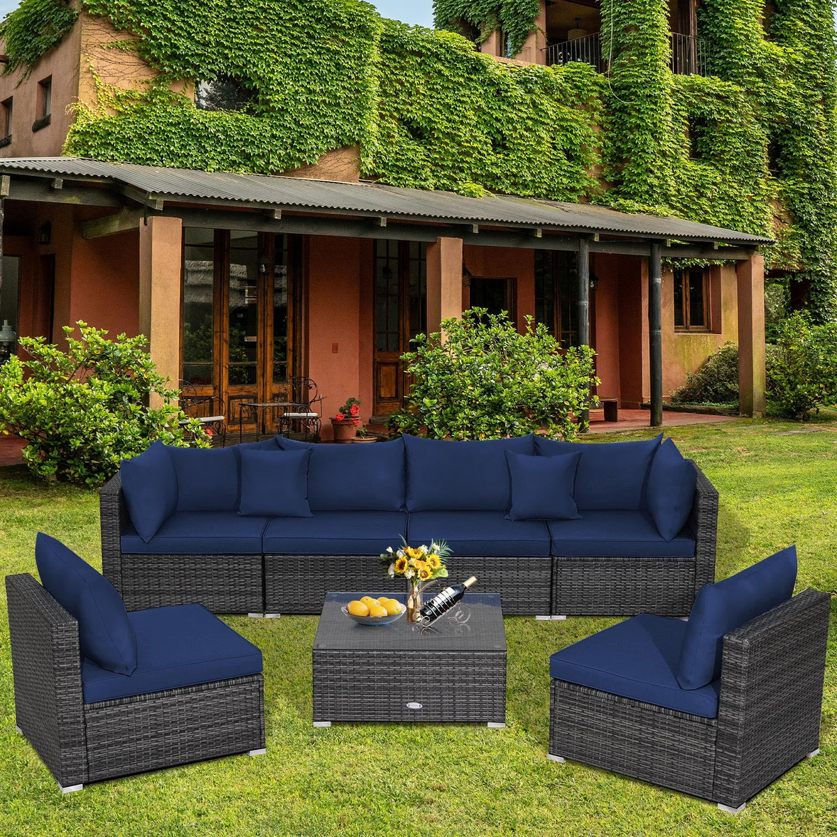 7 Pieces Patio Rattan Furniture Set Sectional Sofa Garden Cushion