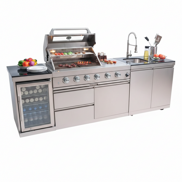 Modular Outdoor Kitchen BBQ Island, 104 Inch, Propane Grill with Sink, Refrigerator and Storage, Silver