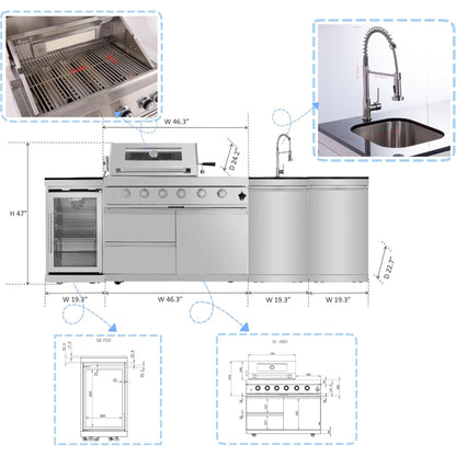Modular Outdoor Kitchen BBQ Island, 104" Outdoor Kitchen Propane Gas Island Grill with Sink, Compact Refrigerator, Storage Cabinets, Rotisserie Kit (Silver, 104") — product view 10