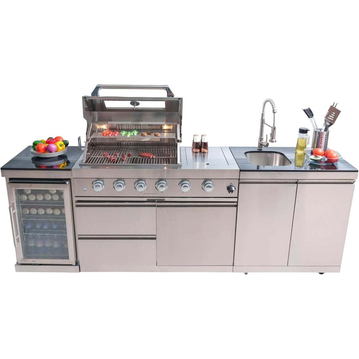 Modular Outdoor Kitchen BBQ Island, 104" Outdoor Kitchen Propane Gas Island Grill with Sink, Compact Refrigerator, Storage Cabinets, Rotisserie Kit (Silver, 104") — product view 2