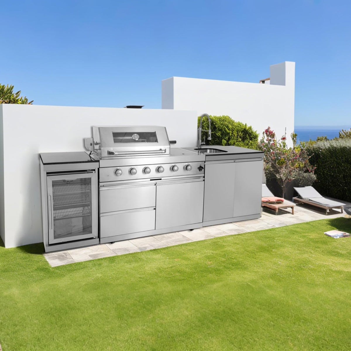 Modular Outdoor Kitchen BBQ Island, 104" Outdoor Kitchen Propane Gas Island Grill with Sink, Compact Refrigerator, Storage Cabinets, Rotisserie Kit (Silver, 104") — product view 3