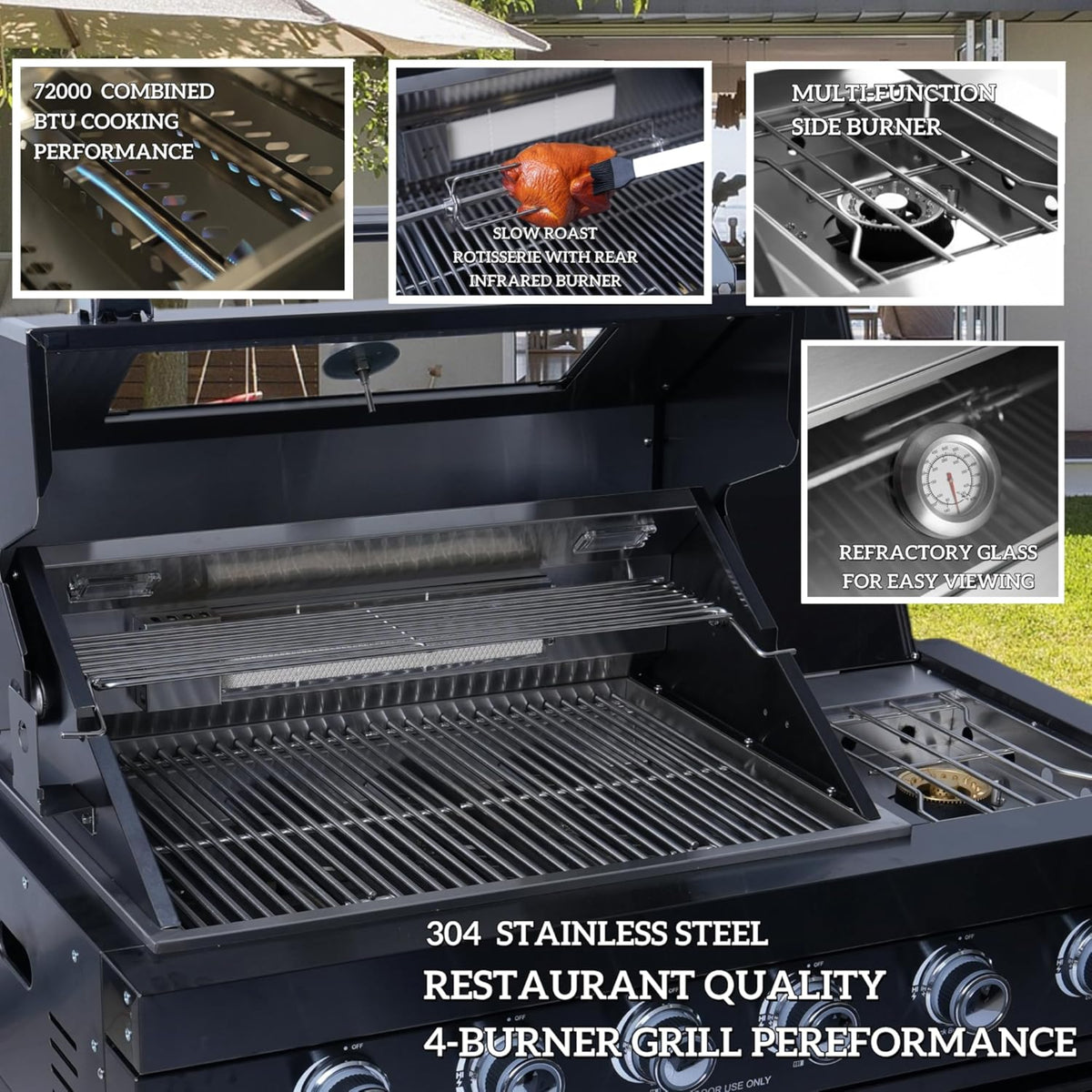 Modular Outdoor Kitchen BBQ Island, 104" Outdoor Kitchen Propane Gas Island Grill with Sink, Compact Refrigerator, Storage Cabinets, Rotisserie Kit (Silver, 104") — product view 4