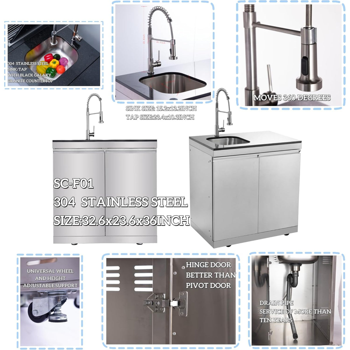 Modular Outdoor Kitchen BBQ Island, 104" Outdoor Kitchen Propane Gas Island Grill with Sink, Compact Refrigerator, Storage Cabinets, Rotisserie Kit (Silver, 104") — product view 5