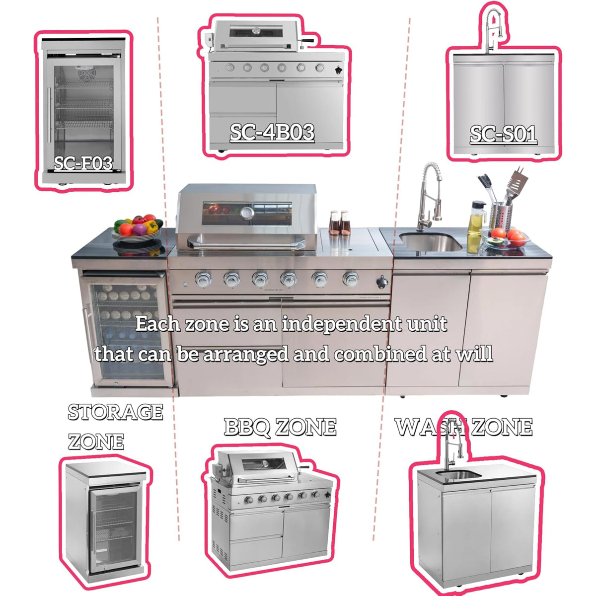 Modular Outdoor Kitchen BBQ Island, 104" Outdoor Kitchen Propane Gas Island Grill with Sink, Compact Refrigerator, Storage Cabinets, Rotisserie Kit (Silver, 104") — product view 6